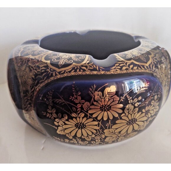 Large Vintage Andrea by Sadek Ceramic Gold & Blue Floral Ashtray 7" - Picture 12 of 16